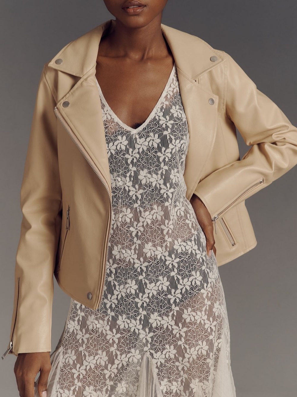 Anthropologie Saige Faux Leather Moto Jacket in Sand